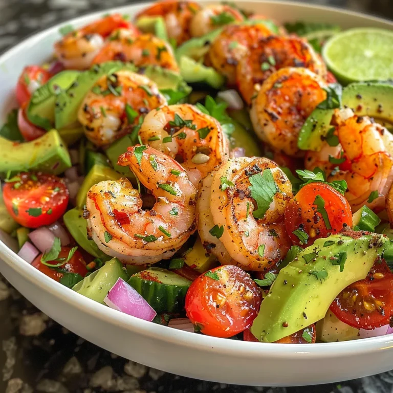Close-up of a vibrant avocado shrimp salad, showcasing juicy shrimp and fresh vegetables.