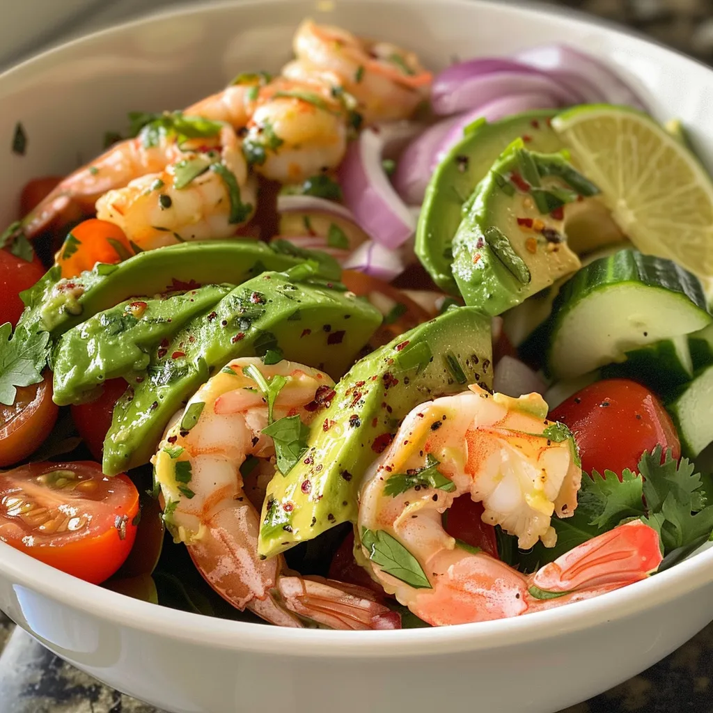 Side view of a colorful avocado shrimp salad, featuring diced avocados and cherry tomatoes.