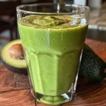 Close-up of a creamy avocado smoothie in a glass, showcasing its green color and texture.
