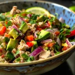 Close-up view of a vibrant avocado tuna salad with diced veggies in a bowl.