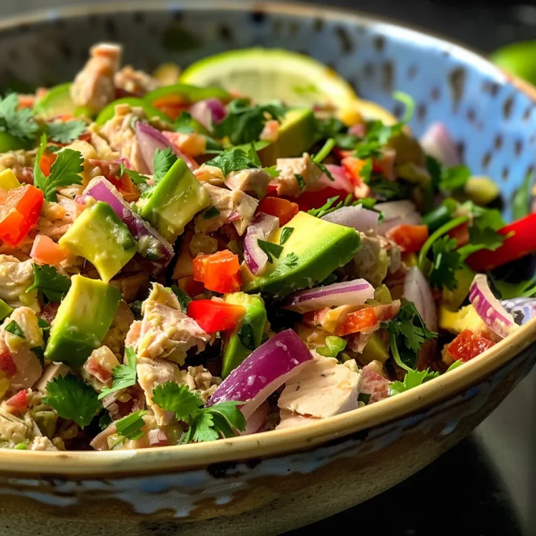 Close-up view of a vibrant avocado tuna salad with diced veggies in a bowl.