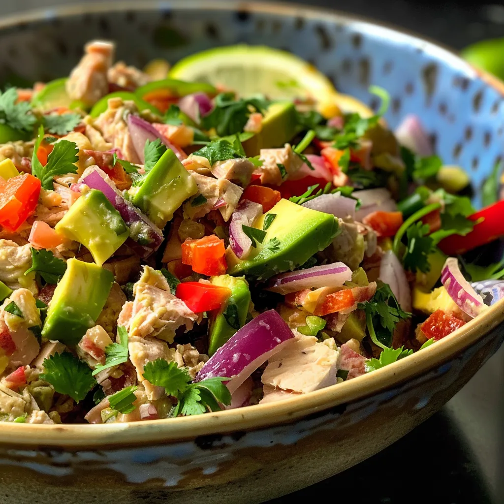 Close-up view of a vibrant avocado tuna salad with diced veggies in a bowl.