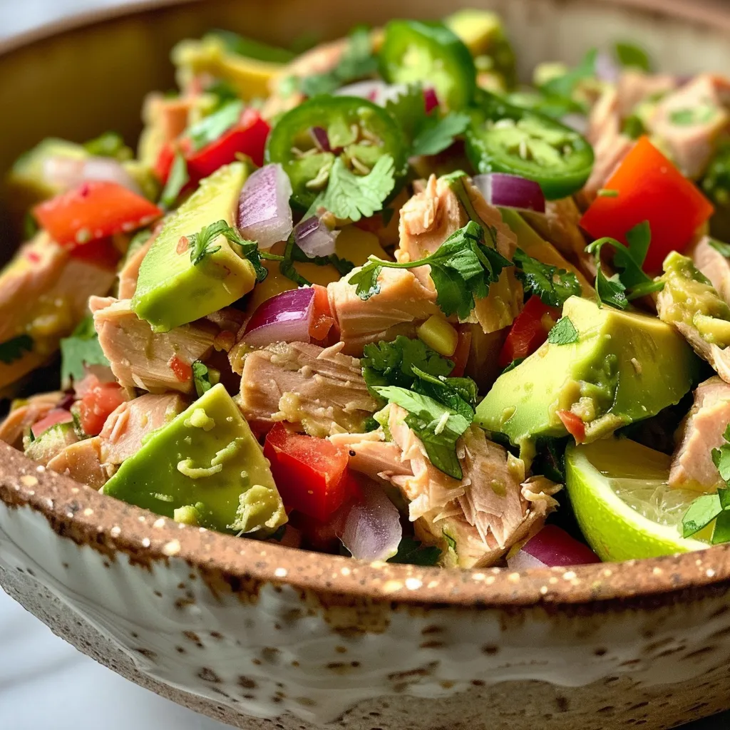 Colorful avocado tuna salad featuring chopped red onion and bell pepper, served in a dish.