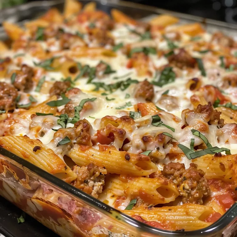 Close-up shot of baked ziti with melted cheese on top.