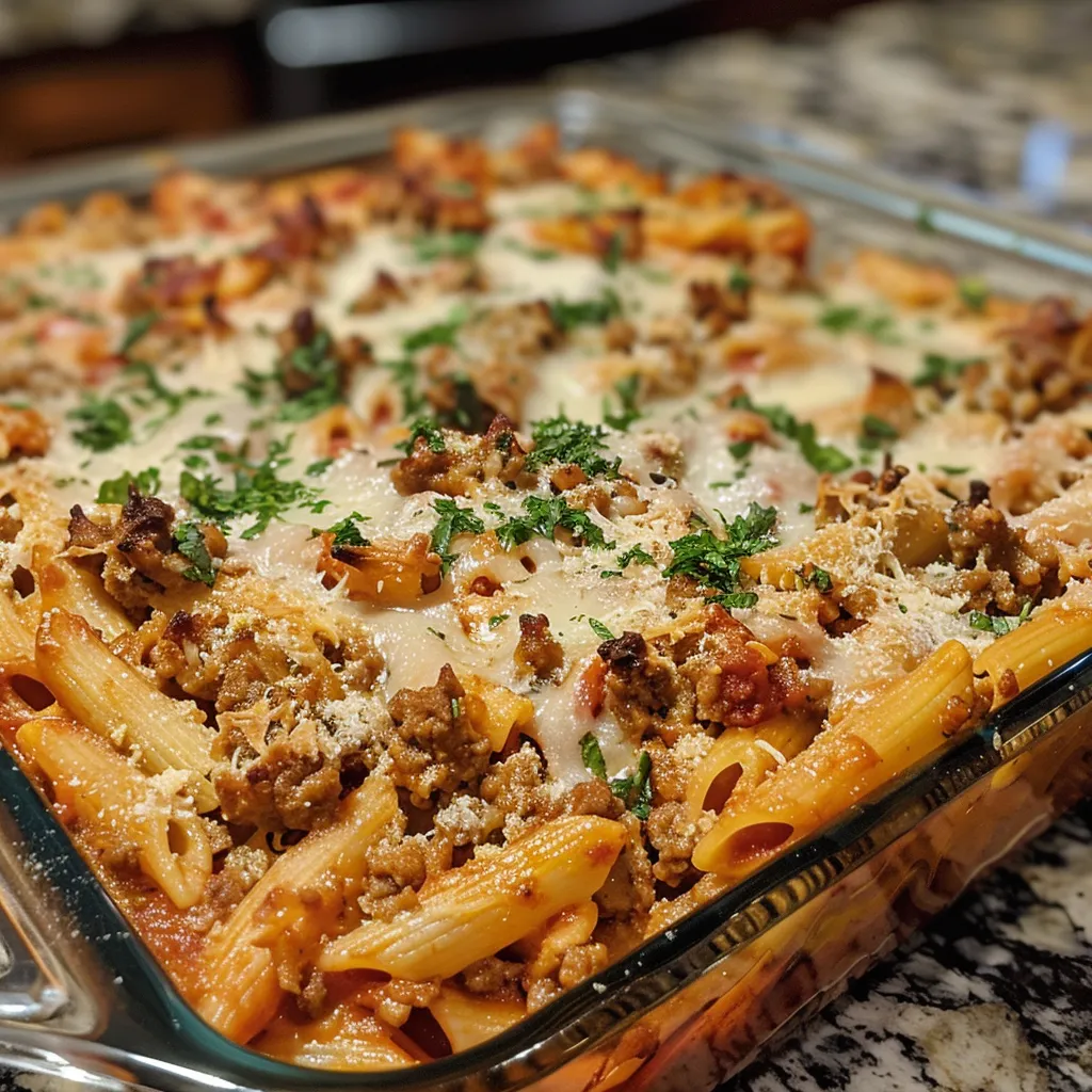 Side angle of a delicious baked ziti dish with layers of pasta, meat, and sauce.