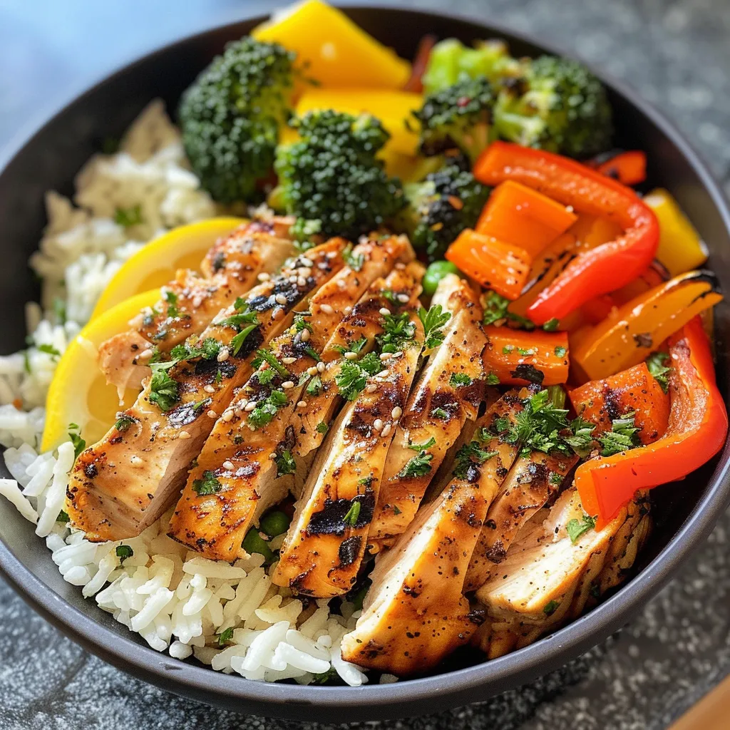 A close-up view of a colorful chicken and vegetable bowl with rice, showcasing fresh ingredients.