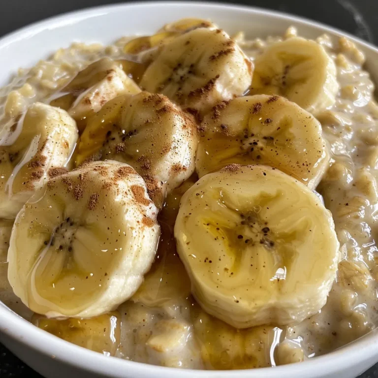 A close-up view of creamy banana oatmeal topped with banana slices and a sprinkle of cinnamon.