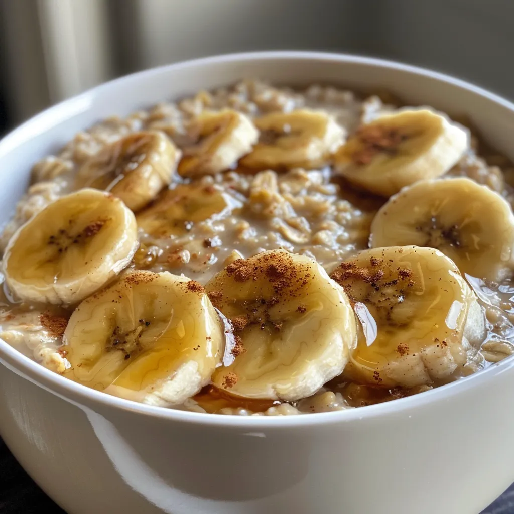 Side view of a bowl of banana oatmeal showing the texture and ingredients, featuring fresh banana slices on top.