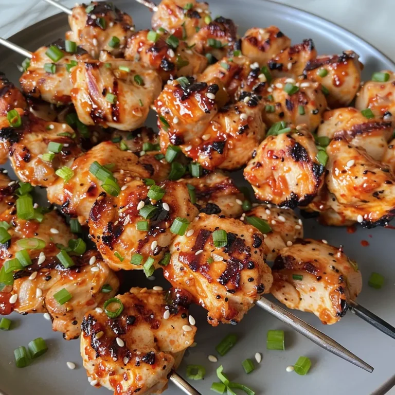 Close-up view of succulent Bang Bang Chicken skewers with vibrant sauces and toppings.