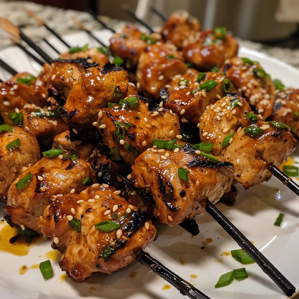 Juicy chicken skewers drizzled with sauce, garnished with green onions and sesame seeds.