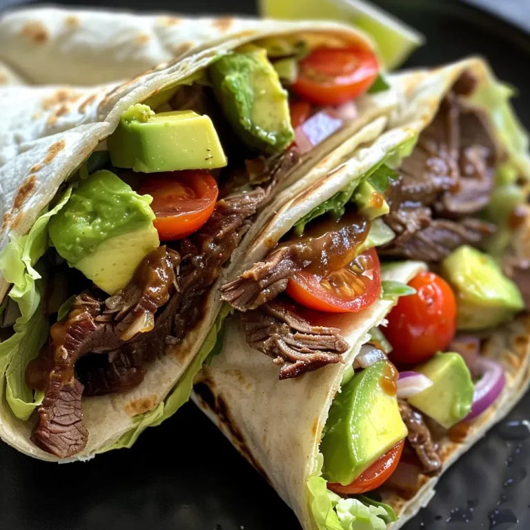 A close-up side view of a BBQ Beef and Avocado Wrap, showcasing layers of beef, avocado, and fresh veggies.