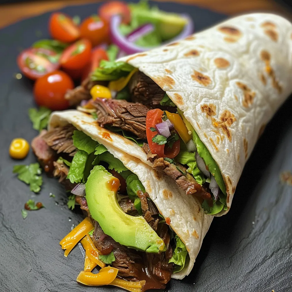 A juicy BBQ Beef and Avocado Wrap displayed with vibrant ingredients like lettuce and tomatoes.