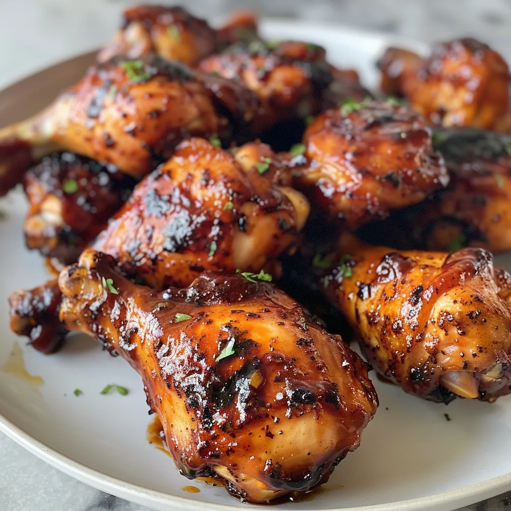 Side view of sticky BBQ chicken thighs, showing a rich coating of barbecue sauce.