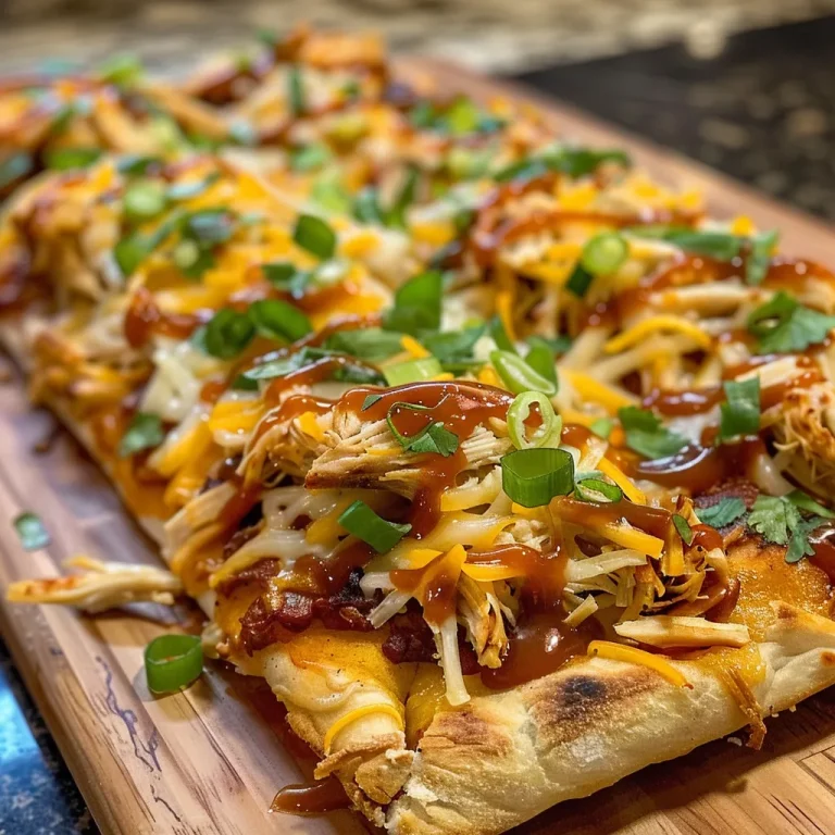 Close-up image of BBQ Chicken Flatbread topped with cheese and colorful bell peppers.