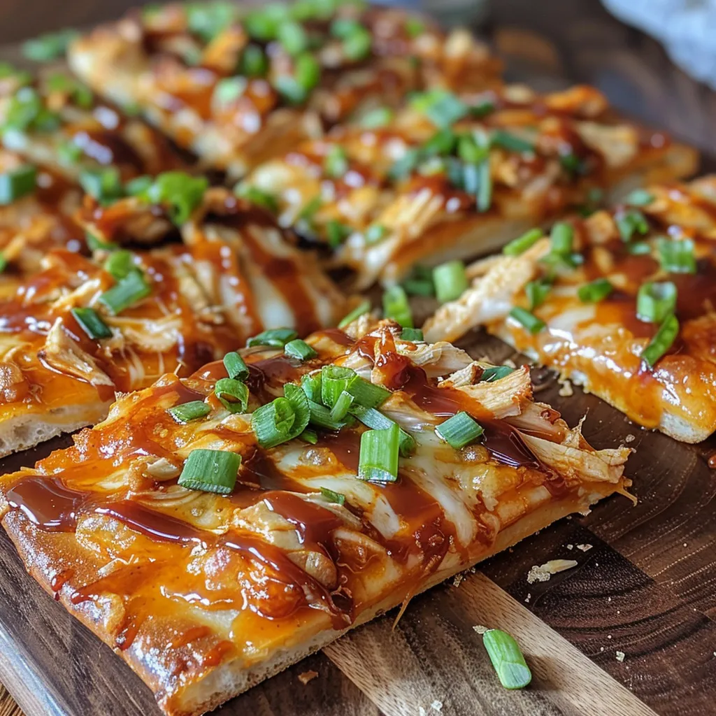 Side view of a BBQ Chicken Flatbread with melted cheese and garnished with green onions.