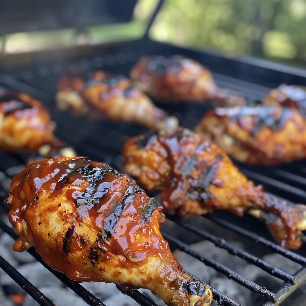 Grilled chicken parts sizzling on an outdoor barbecue.