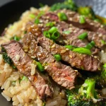 A close-up view of a plate of Beef and Broccoli Rice featuring juicy flank steak and vibrant broccoli rice.