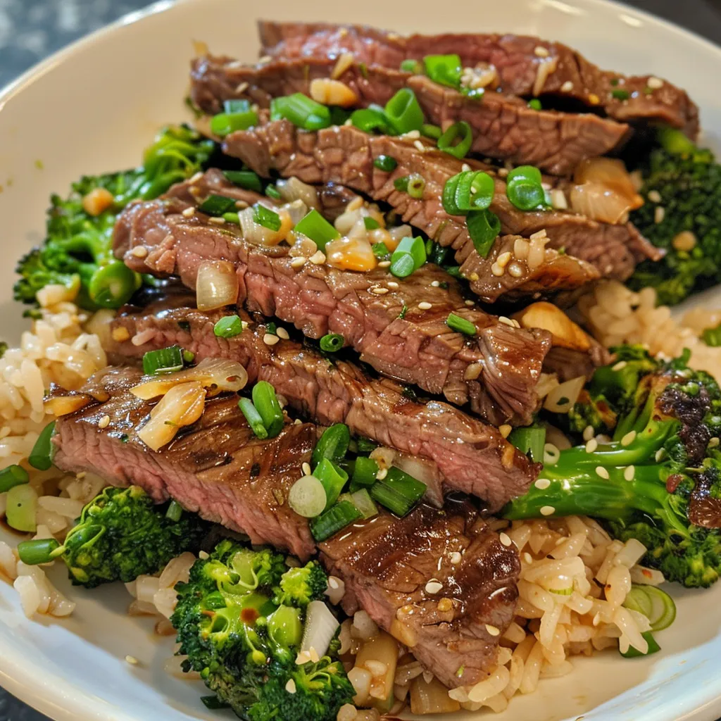 Side view of a bowl containing Beef and Broccoli Rice, showcasing slices of tender beef and green broccoli rice.