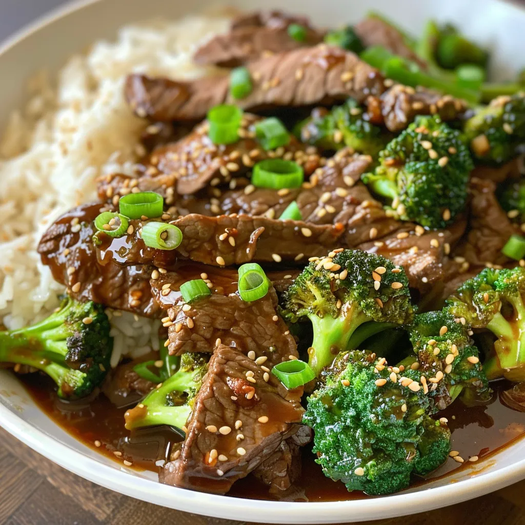 Juicy Beef and Broccoli dish showcasing the glossy sauce and sesame seed garnish.