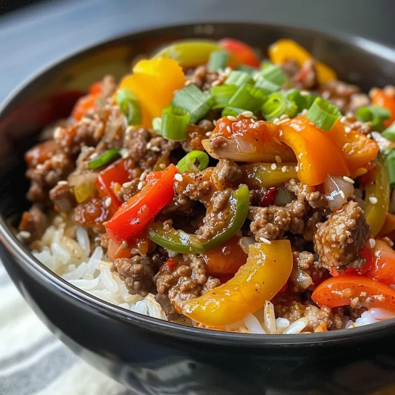 A close-up of a Beef and Pepper Rice Bowl with ground beef, diced red bell pepper, and green onions.