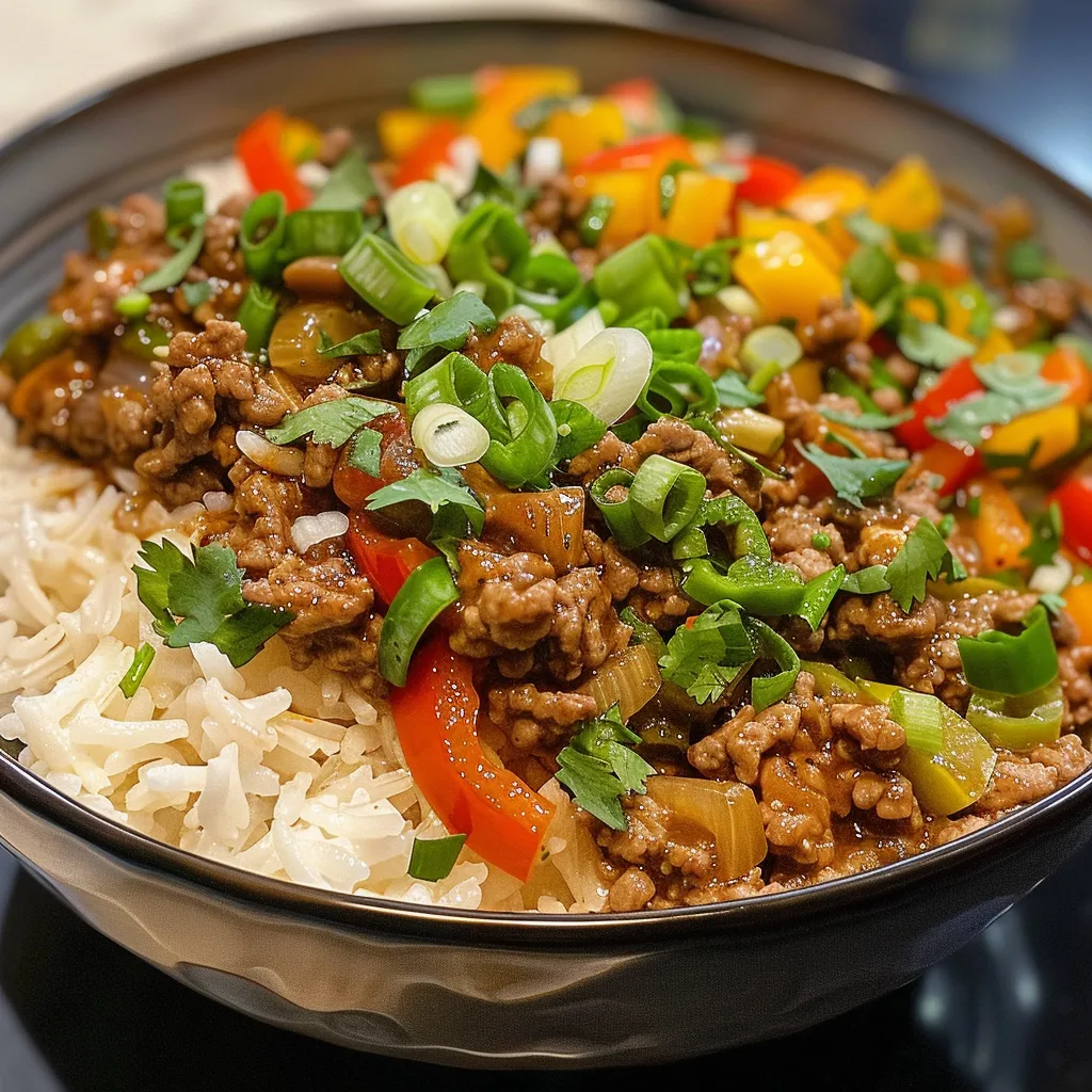 Juicy beef and vibrant sliced peppers over a bed of rice, presented in a bowl.