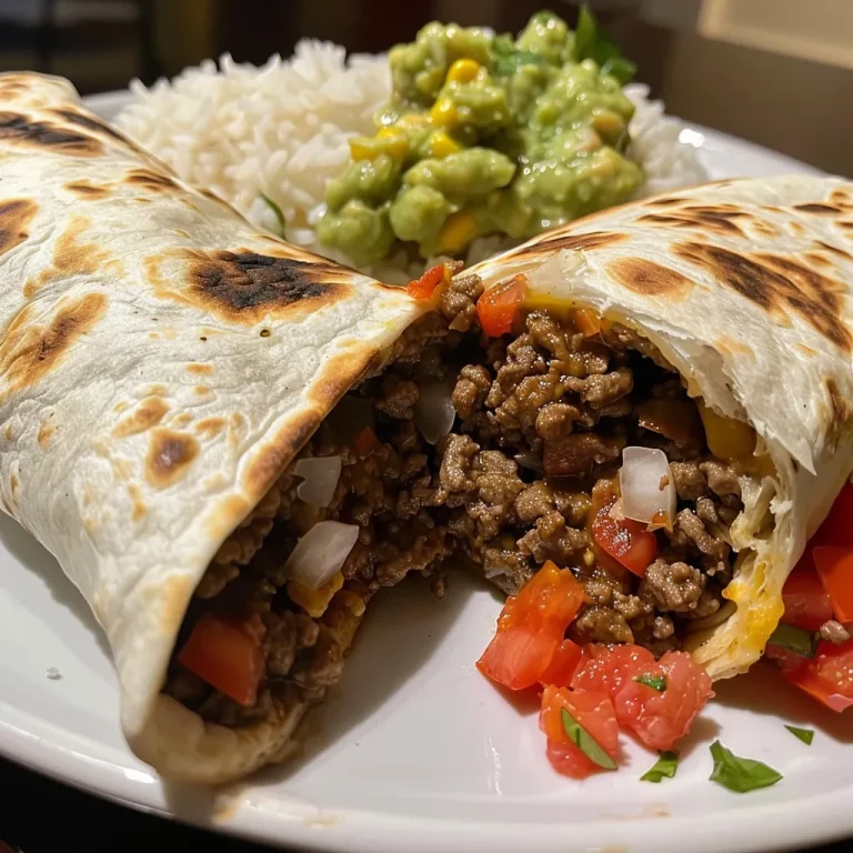 Close-up side view of a juicy beef burrito filled with ingredients.