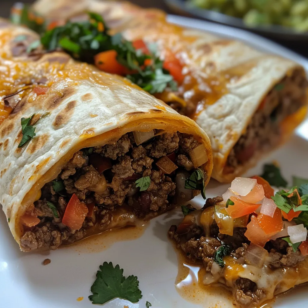Side view of beautifully garnished beef burritos with fresh toppings.