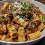 Close-up of Beef Ragu Pasta topped with grated Parmesan and parsley.