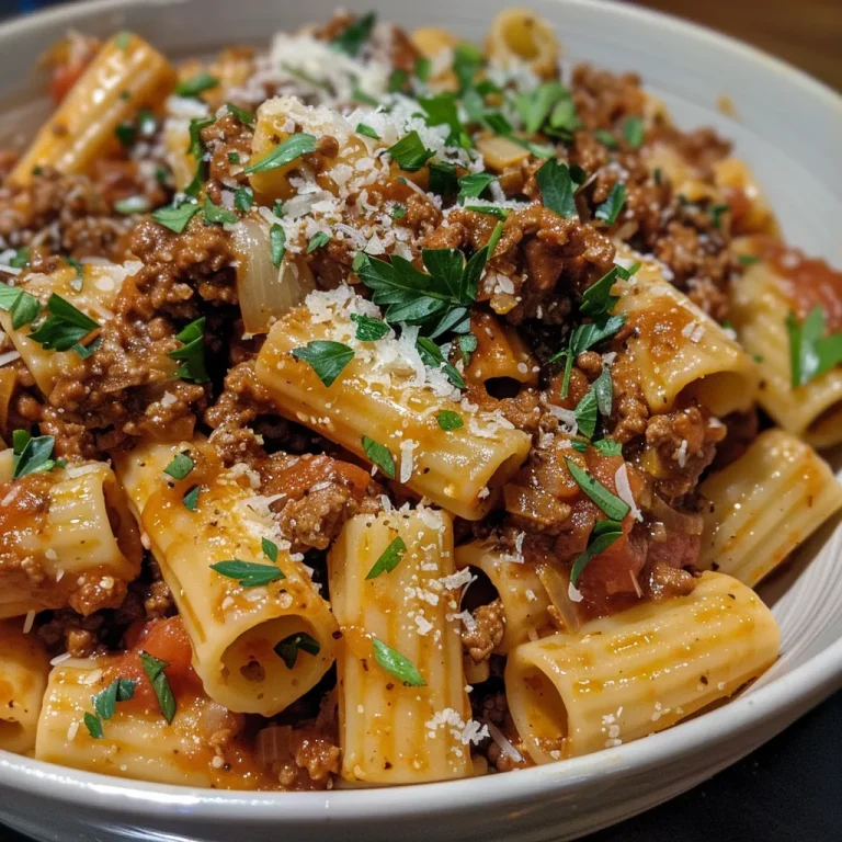 Close-up of Beef Ragu Pasta topped with grated Parmesan and parsley.