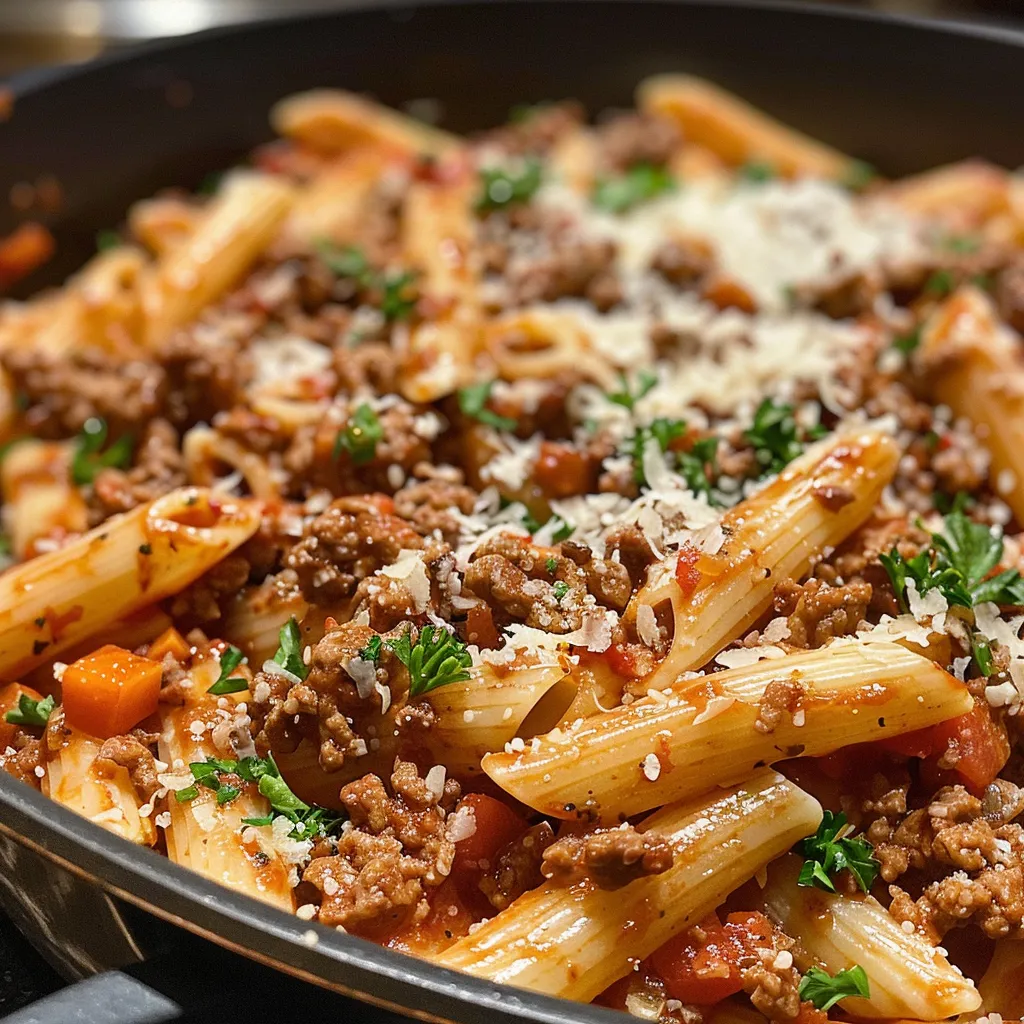 Side view of a delicious plate of Beef Ragu Pasta with rich tomato sauce.