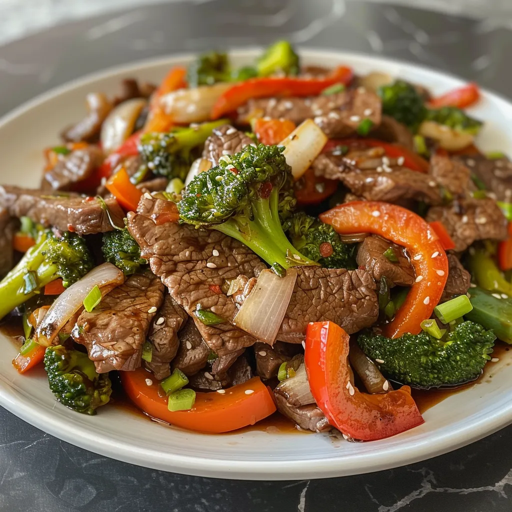 Close-up view of a vibrant beef stir fry featuring colorful vegetables.