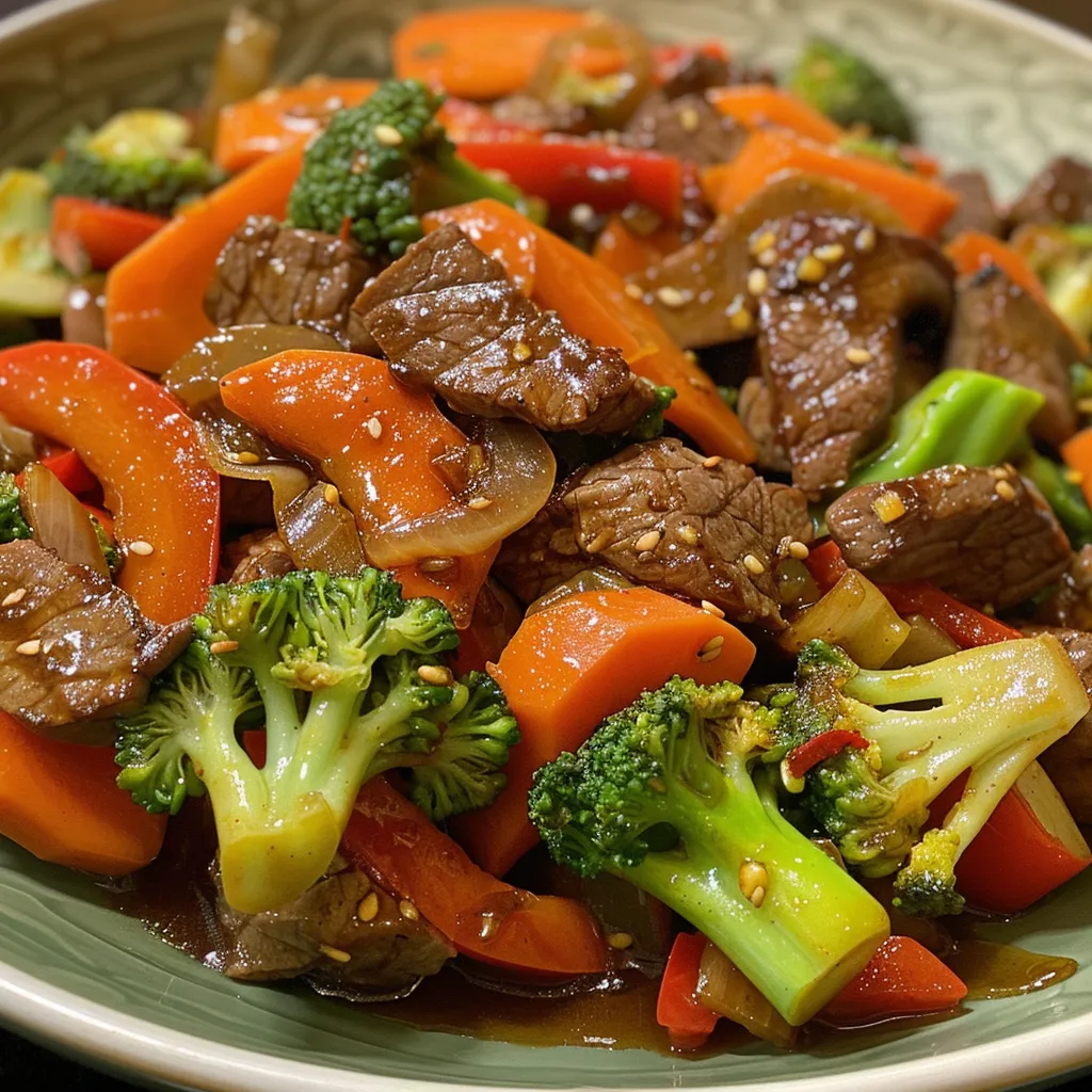 Side view of juicy beef stir-fry with red and yellow bell peppers, broccoli, and zucchini.