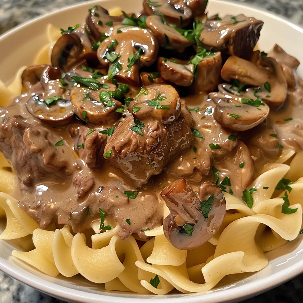 Side view of a hearty Beef Stroganoff dish, showcasing tender beef and mushrooms in a rich sauce.