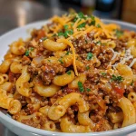 Close-up view of a bowl of Beefaroni with pasta and beef in tomato sauce.