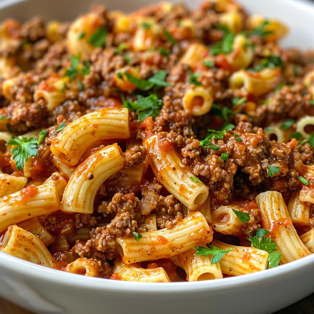 A mouthwatering close-up of Beefaroni with ground beef and elbow macaroni.