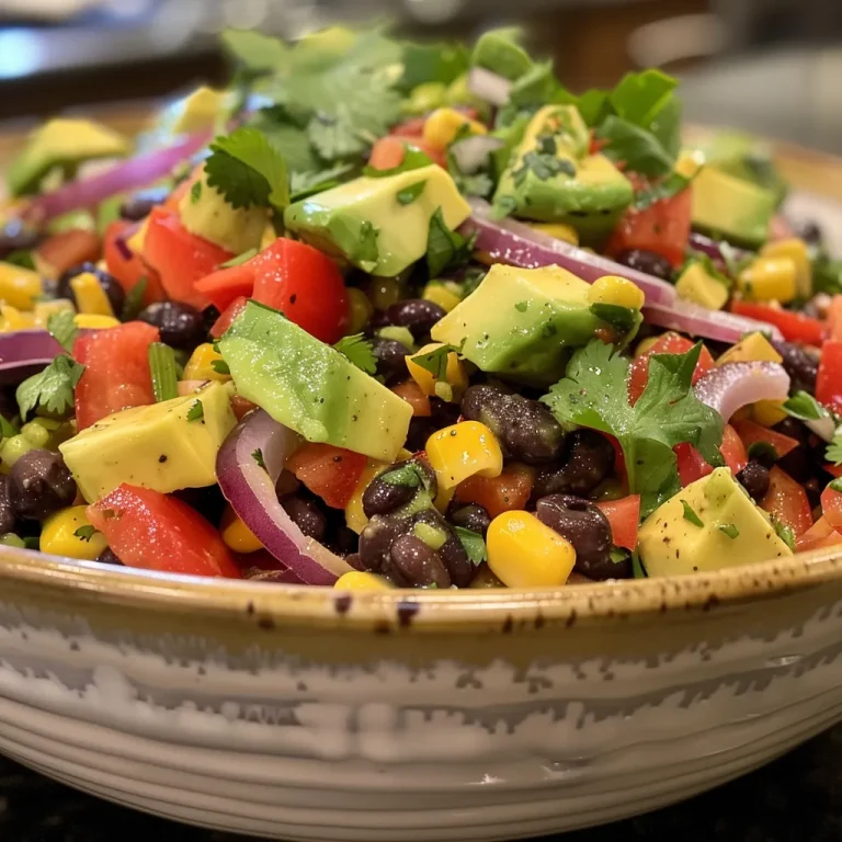 Close-up of a colorful Black Bean Corn Avocado Salad in a bowl, featuring diced avocados, corn, black beans, and bell pepper.