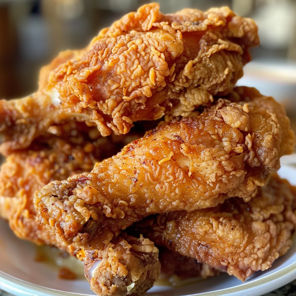 Juicy fried chicken with a crispy coating, presented from the side for detailed texture.