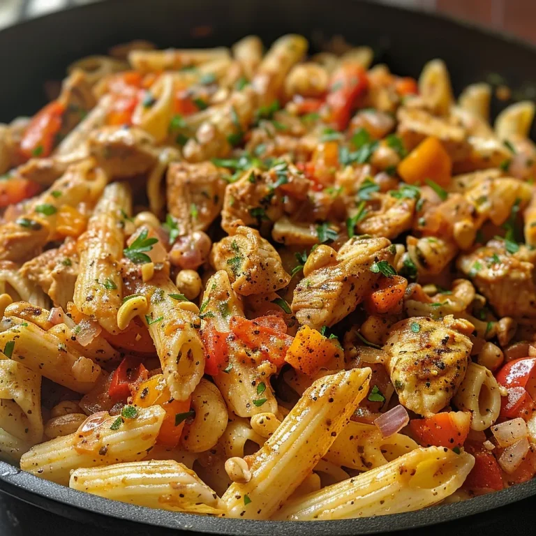 Close-up view of creamy Cajun chicken pasta with colorful bell peppers.