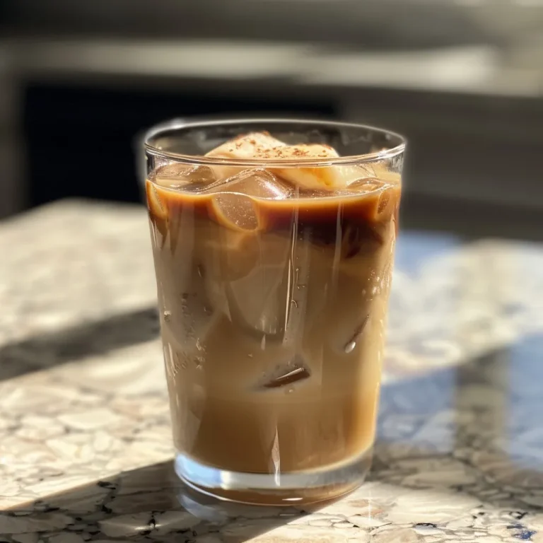 Close-up side view of a glass of caramel iced coffee topped with ice and caramel drizzle.