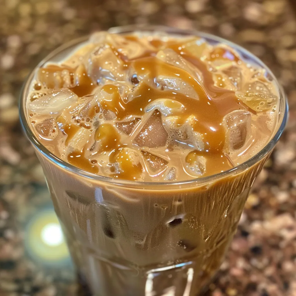 Glass filled with caramel iced coffee, ice cubes, and a layer of creamy half and half.