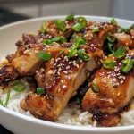 Juicy caramelised soy chicken garnished with green onions in a bowl of garlic ginger broth with rice.