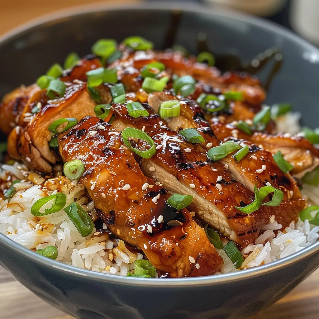 Close-up of tender, caramelised chicken thighs served in a savory garlic ginger broth alongside fluffy jasmine rice.
