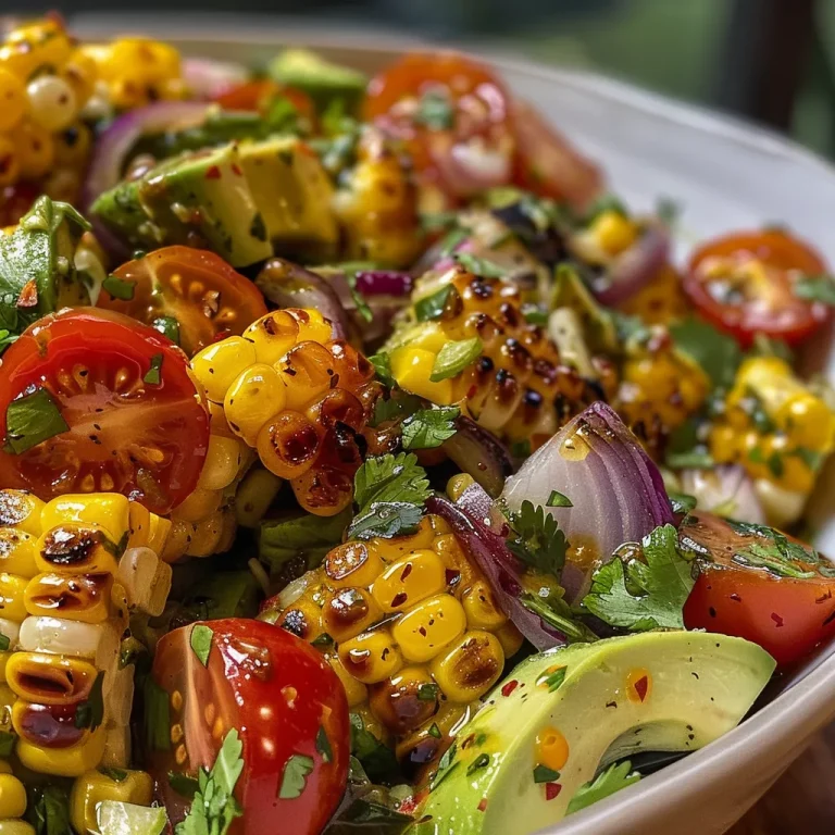 A close-up of a colorful salad featuring charred corn, diced avocado, and roasted red onions.