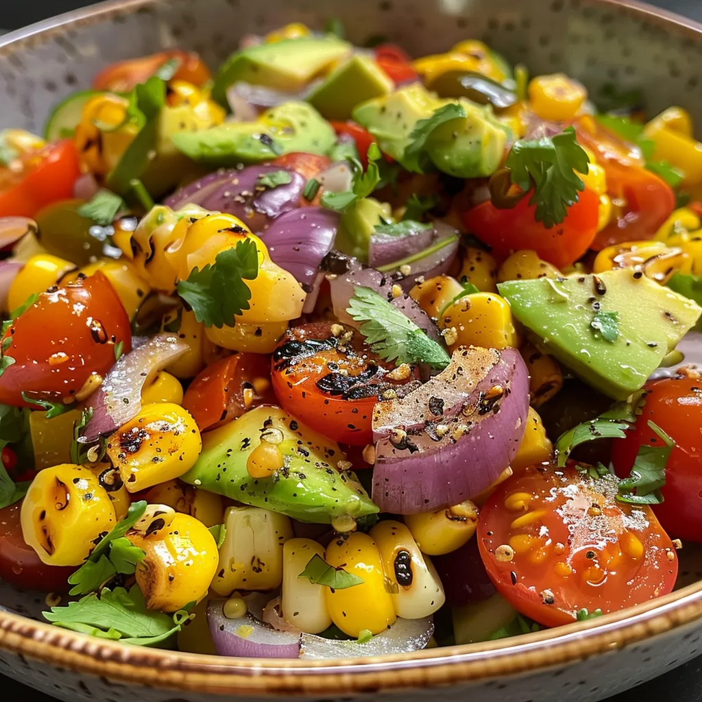 Side view of a vibrant salad with charred corn kernels and fresh red onion slices on a white plate.