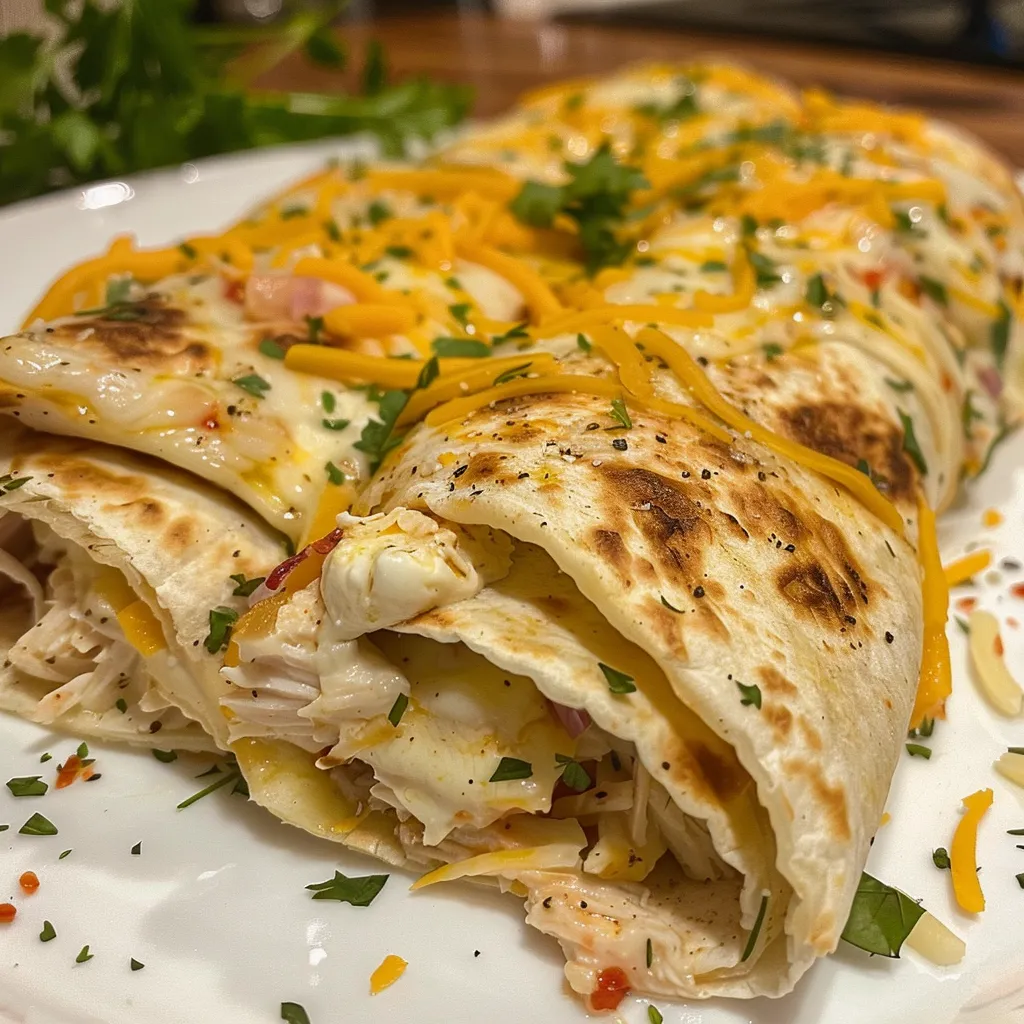 Juicy chicken wraps filled with cheese and garlic, served on a wooden platter.