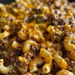 Close-up view of a bowl of cheesy Sloppy Cheeseburger Pasta topped with shredded cheddar and pickles.
