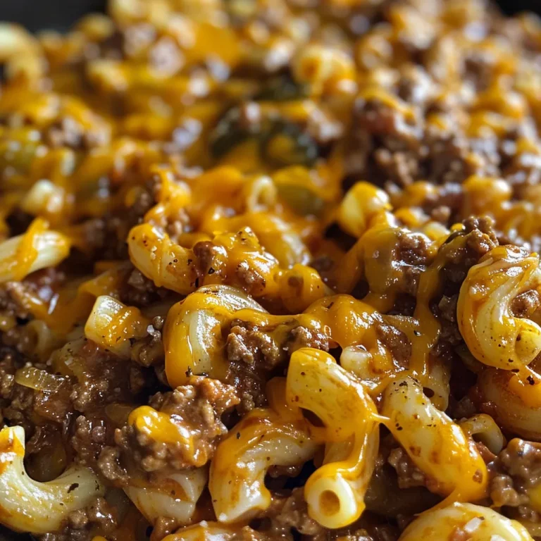 Close-up view of a bowl of cheesy Sloppy Cheeseburger Pasta topped with shredded cheddar and pickles.