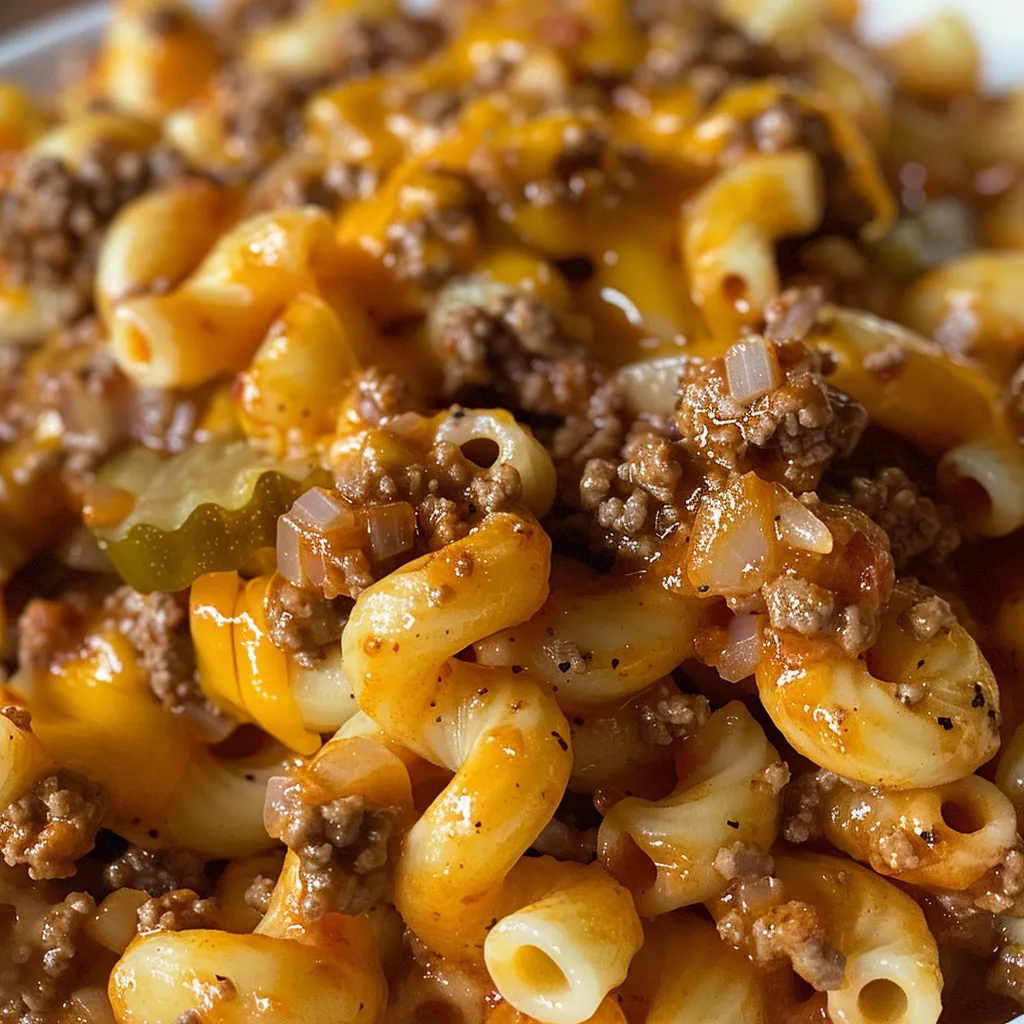 Juicy Sloppy Cheeseburger Pasta served in a bowl, featuring elbow macaroni and melted cheese.