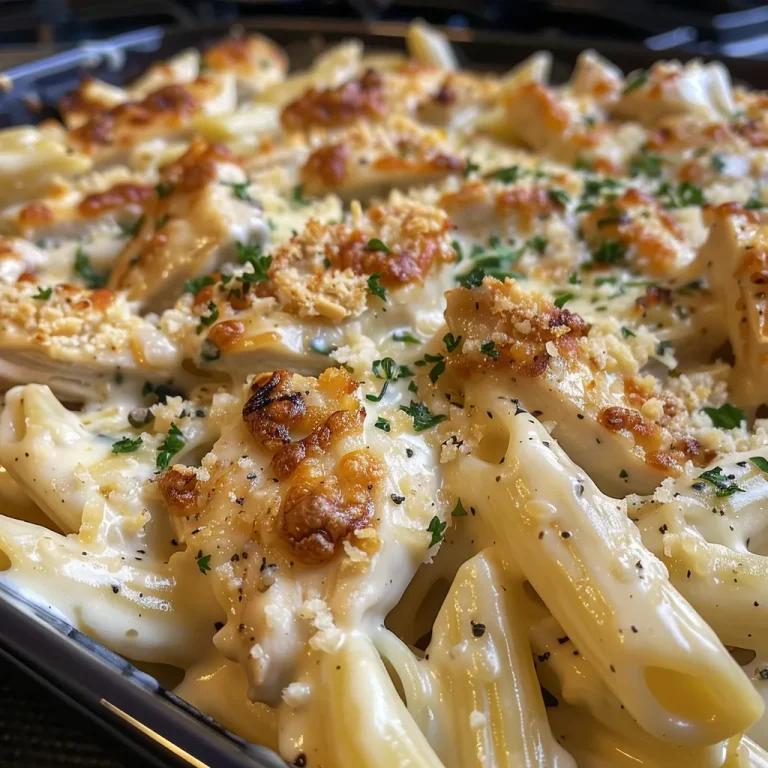 Close-up view of a Chicken Alfredo Casserole, showcasing creamy texture and melted cheese on top.