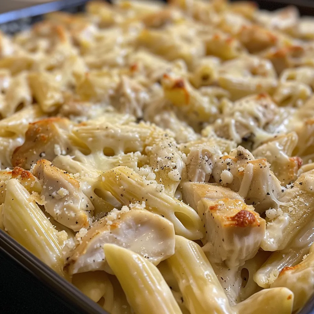Side view of a delicious Chicken Alfredo Casserole, with visible pasta and chicken pieces.